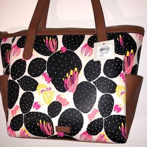 Fossil Black floral cactus mimi shopper purse tote